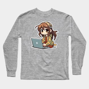 Kawaii Anime girl using laptop Long Sleeve T-Shirt